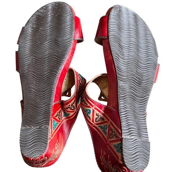 Corky's Haiti Sandals Wedge Size 11 Red Turquoise Leather Floral Slip On Slide - Picture 6 of 8